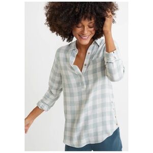 •MARINE LAYER• Kierra Long Sleeve Popover‎ Top Ivory/Green Buffalo Check Size XS